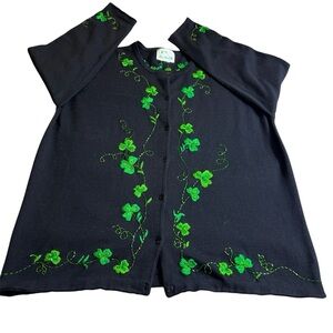 Quacker Factory Black Cardigan with Green Embroidery